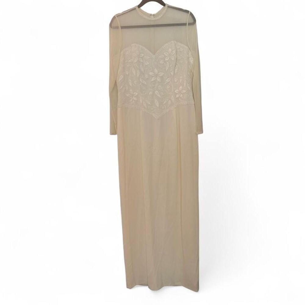 Vintage Oleg Cassini Black Tie Ivory Beaded Formal Gown Size 14 Sweetheart Neck